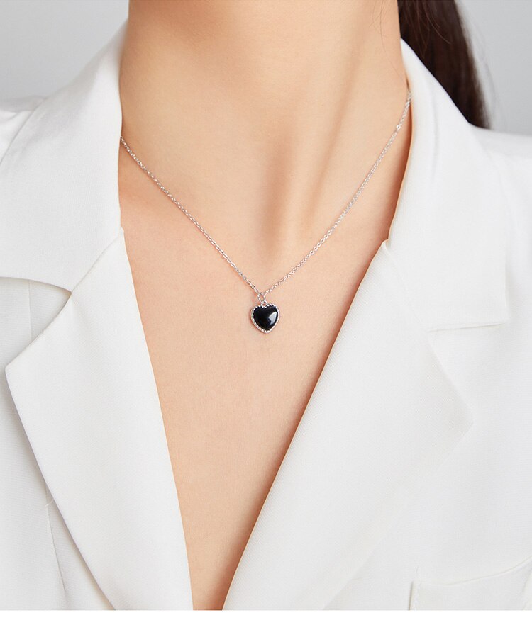 WOSTU 925 Sterling Silver Black Heart Agates Necklace Long Chain Link Necklace For Women Fashion Jewelry CQN443 WOSTU 925 Sterling Silver Black Heart Agates Necklace Long Chain Link Necklace For Women Fashion Jewelry CQN443