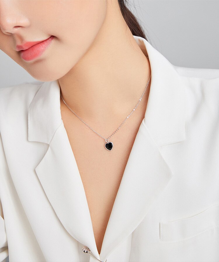 WOSTU 925 Sterling Silver Black Heart Agates Necklace Long Chain Link Necklace For Women Fashion Jewelry CQN443 WOSTU 925 Sterling Silver Black Heart Agates Necklace Long Chain Link Necklace For Women Fashion Jewelry CQN443