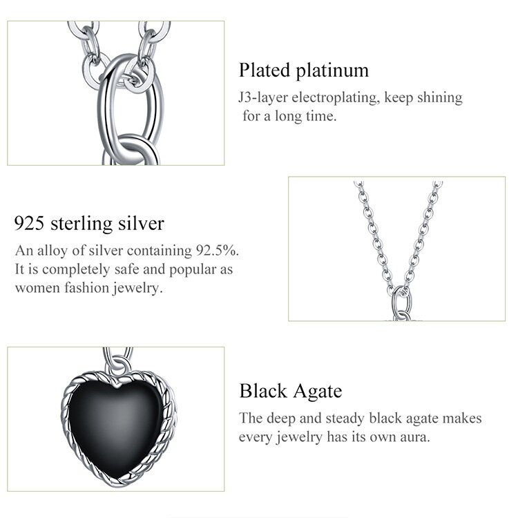 WOSTU 925 Sterling Silver Black Heart Agates Necklace Long Chain Link Necklace For Women Fashion Jewelry CQN443 WOSTU 925 Sterling Silver Black Heart Agates Necklace Long Chain Link Necklace For Women Fashion Jewelry CQN443