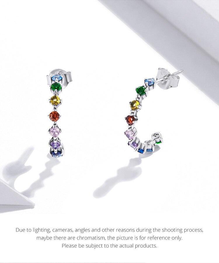 WOSTU Real 925 Sterling Silver Simple Colorful Zircons Stud Earrings Rainbow Earrings For Women Fashion Silver Jewelry CQE1014 WOSTU Real 925 Sterling Silver Simple Colorful Zircons Stud Earrings Rainbow Earrings For Women Fashion Silver Jewelry CQE1014