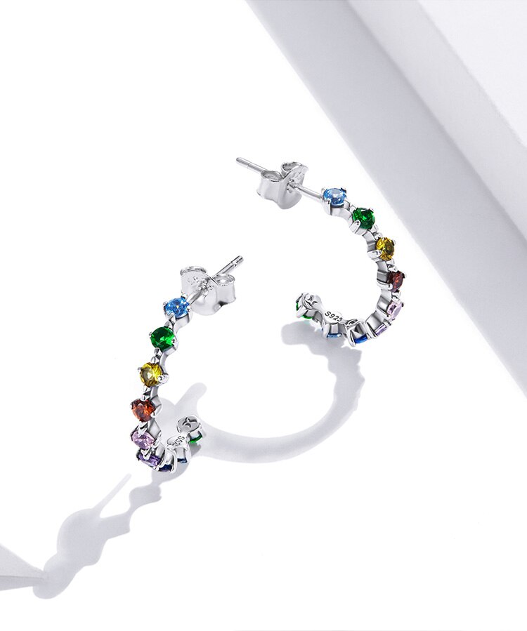 WOSTU Real 925 Sterling Silver Simple Colorful Zircons Stud Earrings Rainbow Earrings For Women Fashion Silver Jewelry CQE1014 WOSTU Real 925 Sterling Silver Simple Colorful Zircons Stud Earrings Rainbow Earrings For Women Fashion Silver Jewelry CQE1014
