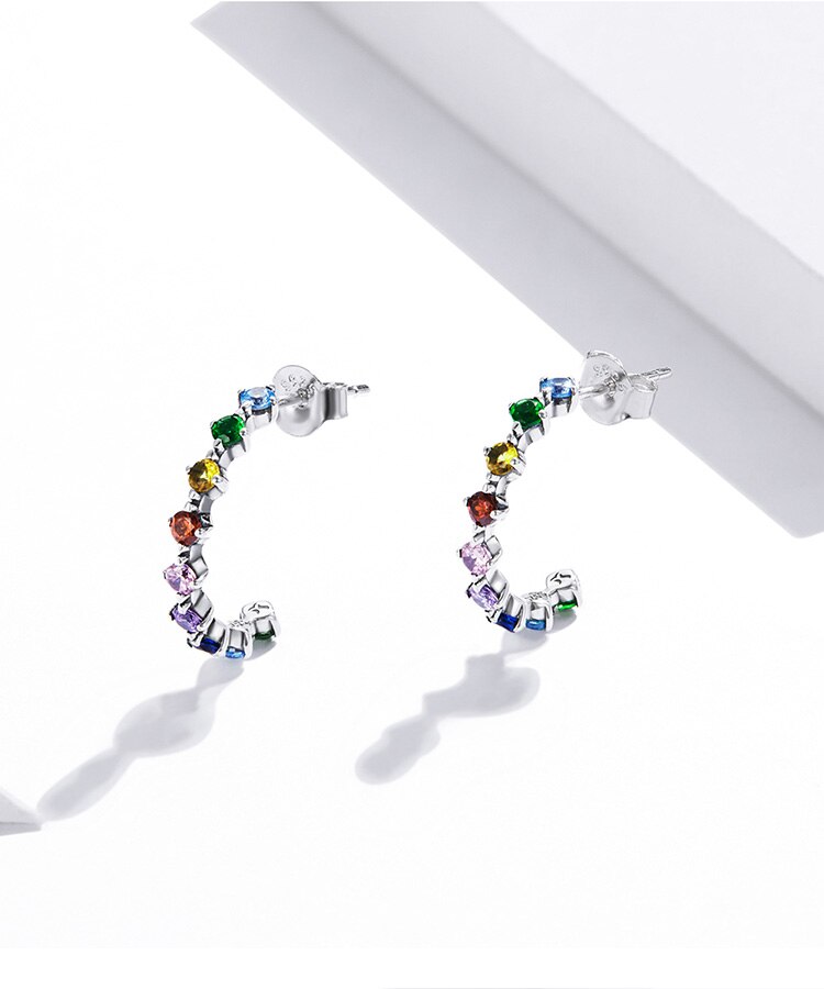 WOSTU Real 925 Sterling Silver Simple Colorful Zircons Stud Earrings Rainbow Earrings For Women Fashion Silver Jewelry CQE1014 WOSTU Real 925 Sterling Silver Simple Colorful Zircons Stud Earrings Rainbow Earrings For Women Fashion Silver Jewelry CQE1014