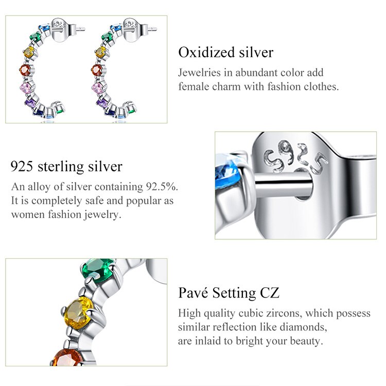 WOSTU Real 925 Sterling Silver Simple Colorful Zircons Stud Earrings Rainbow Earrings For Women Fashion Silver Jewelry CQE1014 WOSTU Real 925 Sterling Silver Simple Colorful Zircons Stud Earrings Rainbow Earrings For Women Fashion Silver Jewelry CQE1014